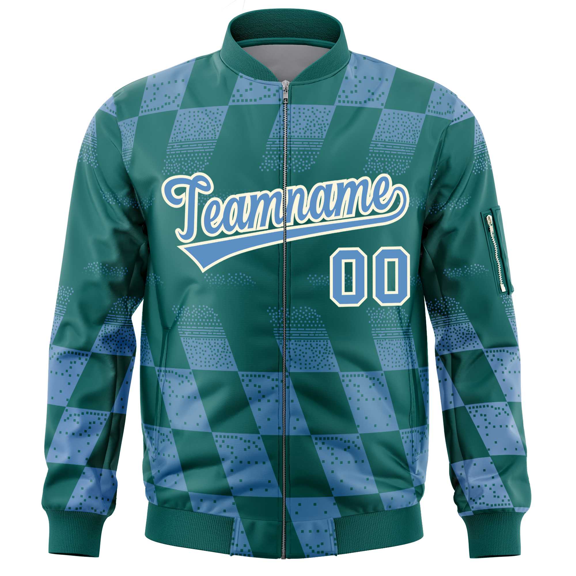 Custom Aqua Lt Blue Grid Varsity Full-Zip Color Block Letterman Bomber Jacket