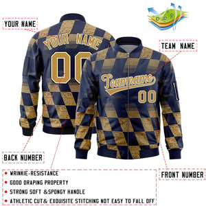 Custom Navy Old Gold Grid Varsity Full-Zip Color Block Letterman Bomber Jacket