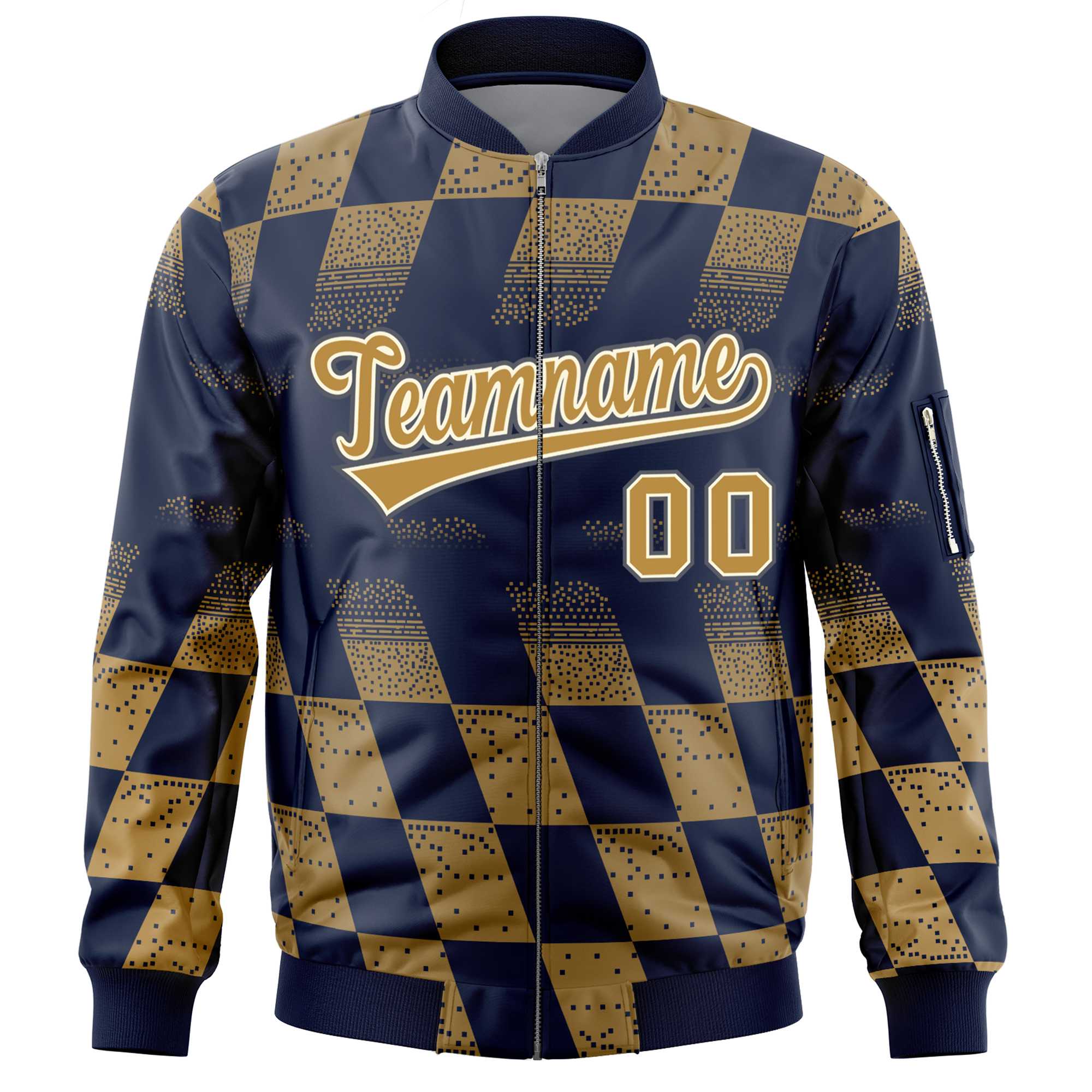 Custom Navy Old Gold Grid Varsity Full-Zip Color Block Letterman Bomber Jacket