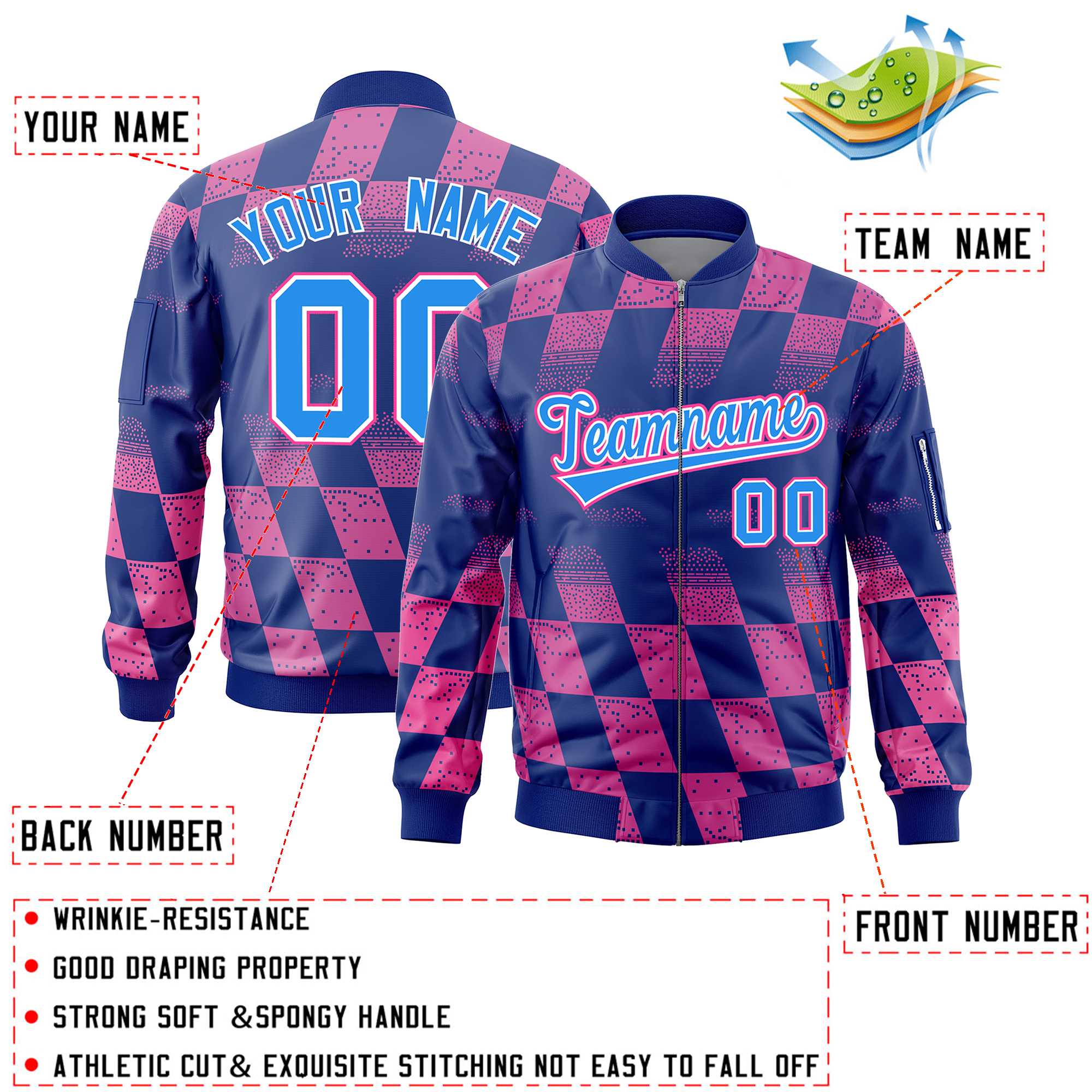 Custom Royal Pink Grid Varsity Full-Zip Color Block Letterman Bomber Jacket