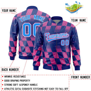 Custom Royal Pink Grid Varsity Full-Zip Color Block Letterman Bomber Jacket