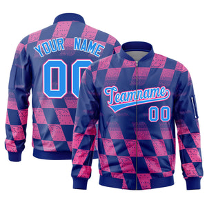 Custom Royal Pink Grid Varsity Full-Zip Color Block Letterman Bomber Jacket