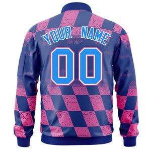 Custom Royal Pink Grid Varsity Full-Zip Color Block Letterman Bomber Jacket