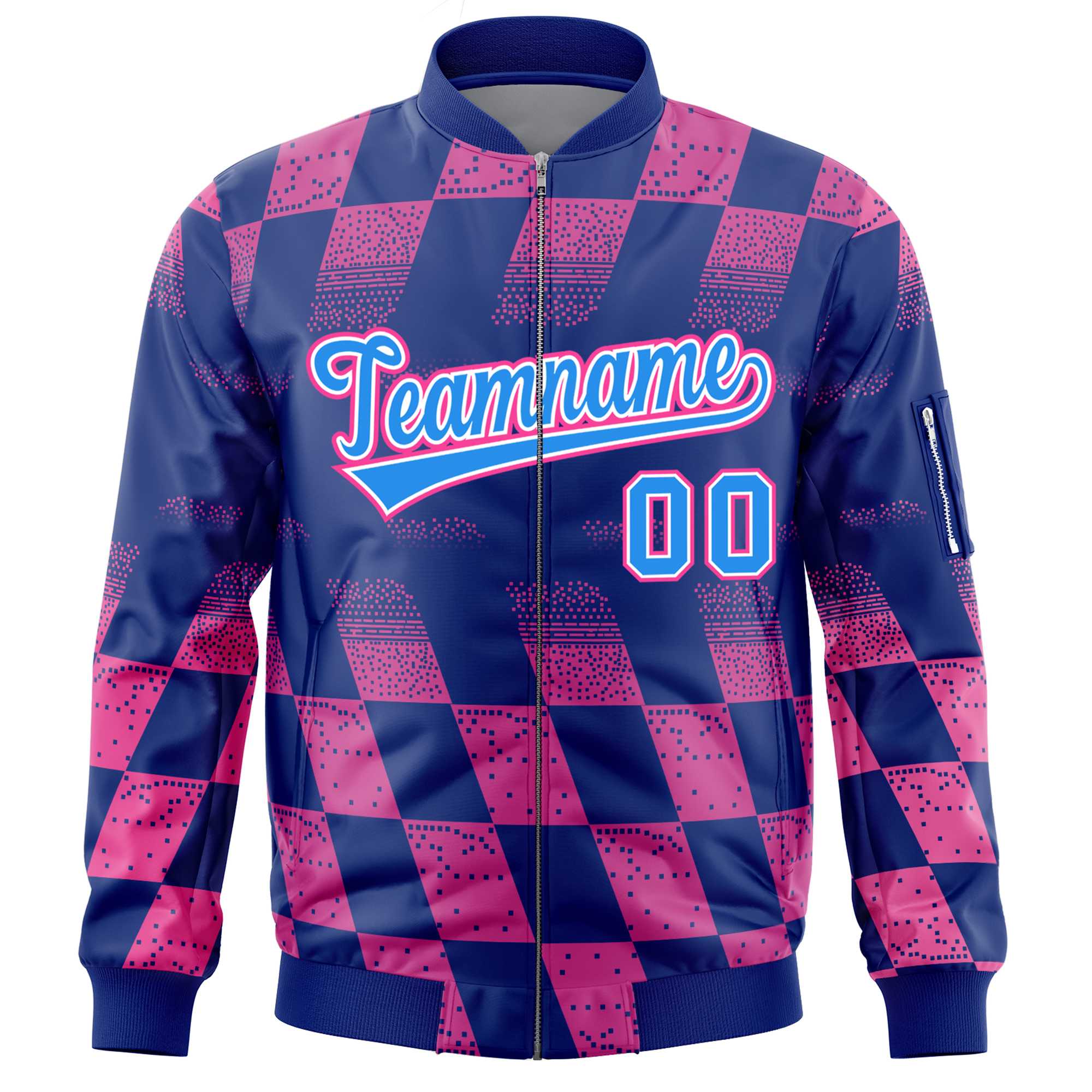 Custom Royal Pink Grid Varsity Full-Zip Color Block Letterman Bomber Jacket