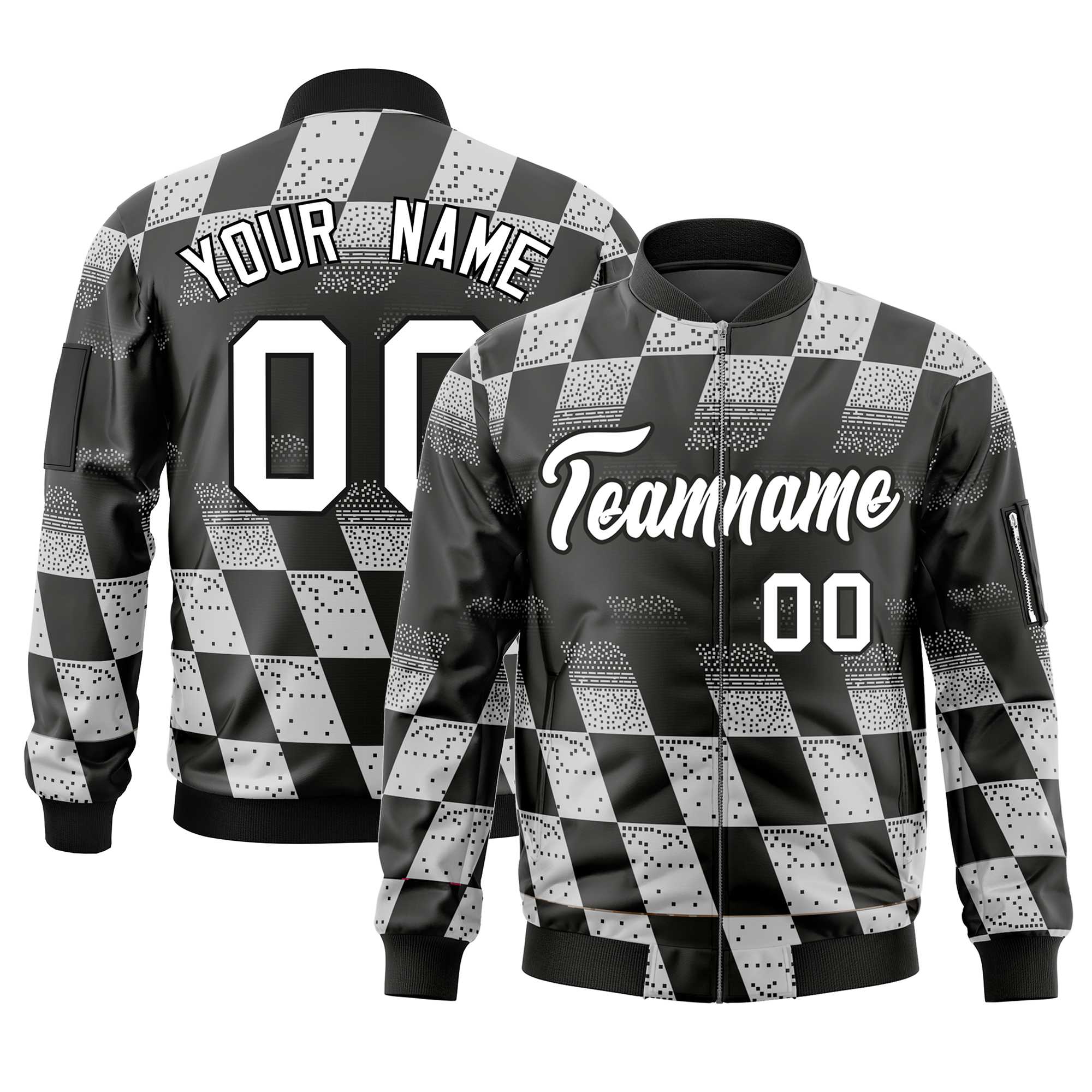 Custom Black White Grid Varsity Full-Zip Color Block Letterman Bomber Jacket