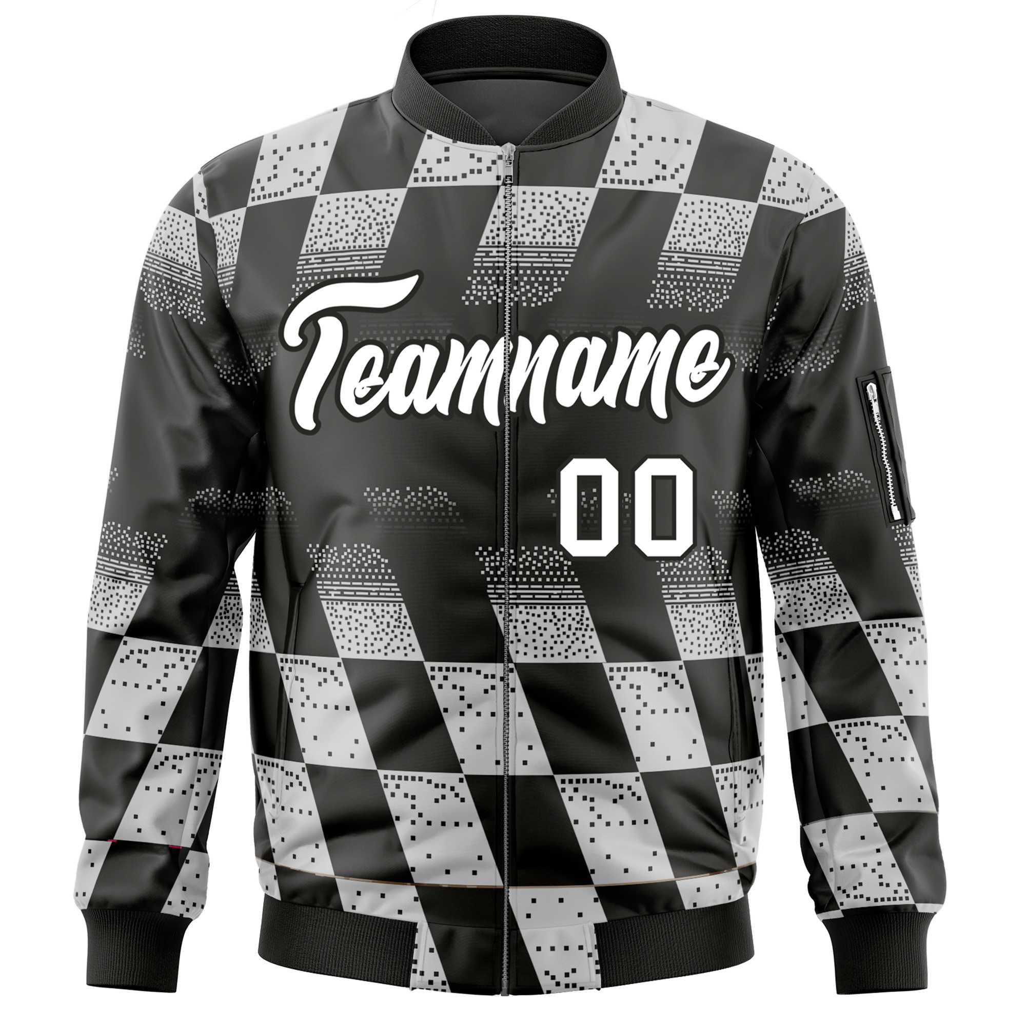 Custom Black White Grid Varsity Full-Zip Color Block Letterman Bomber Jacket