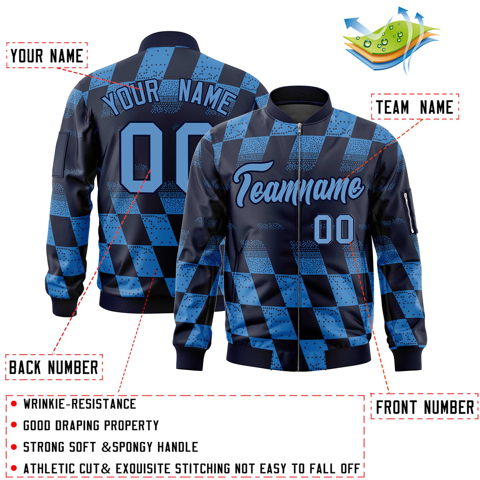 Custom Navy Powder Blue Grid Varsity Full-Zip Color Block Letterman Bomber Jacket