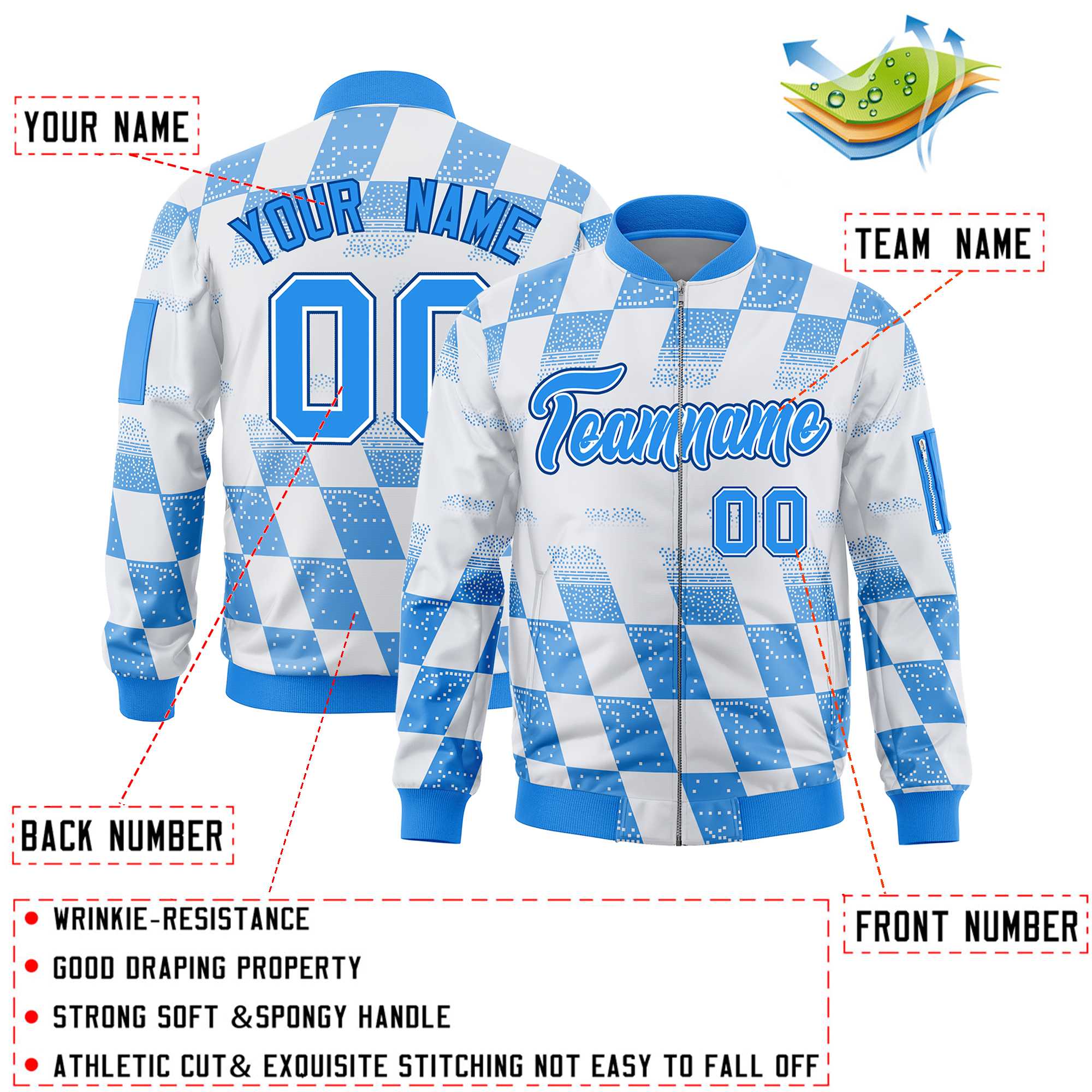 Custom White Powder Blue Grid Varsity Full-Zip Color Block Letterman Bomber Jacket