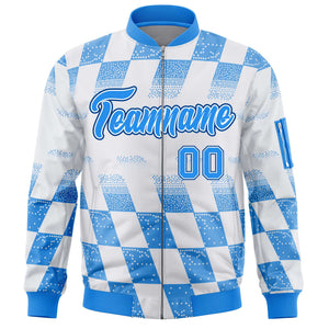 Custom White Powder Blue Grid Varsity Full-Zip Color Block Letterman Bomber Jacket