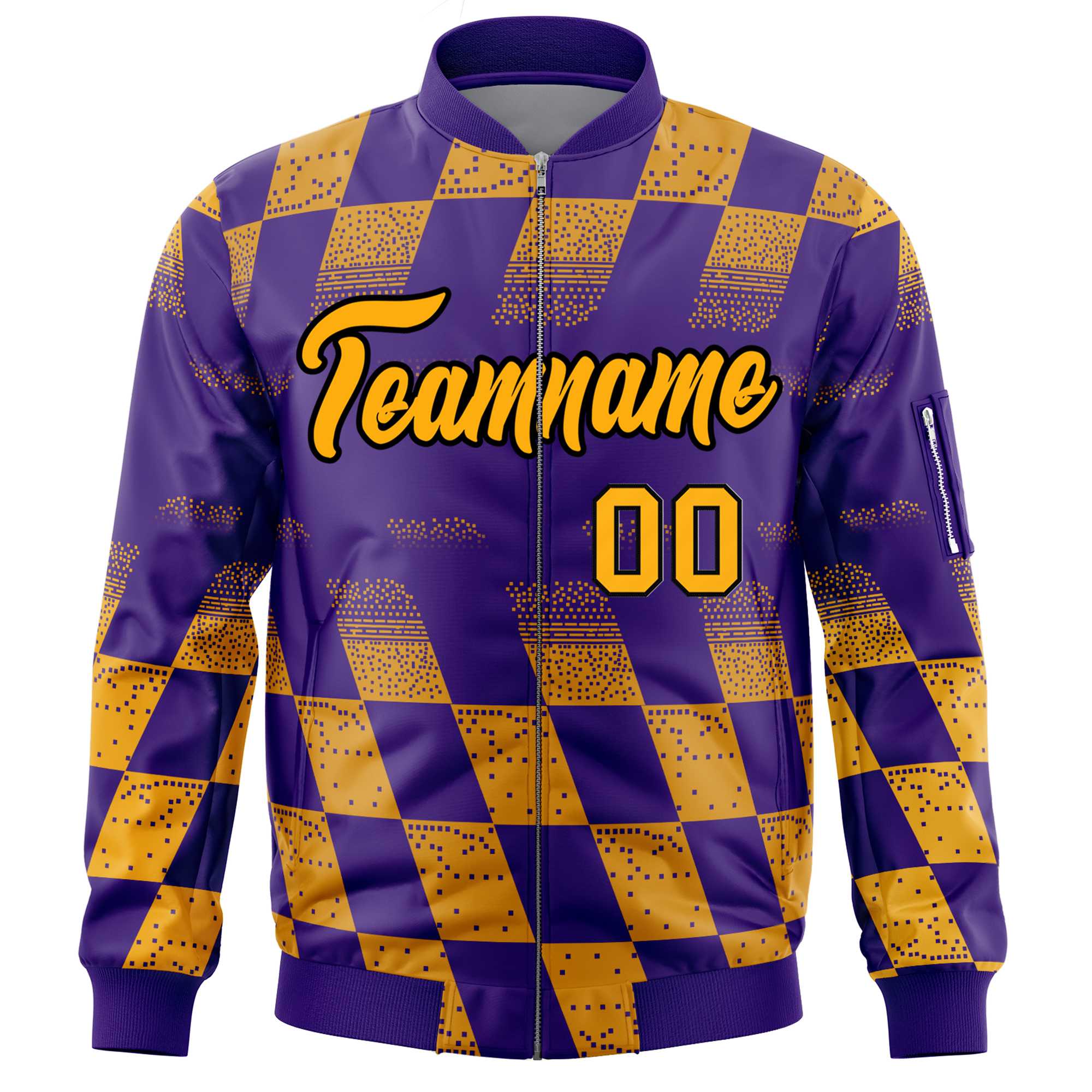 Custom Purple Gold Grid Varsity Full-Zip Color Block Letterman Bomber Jacket