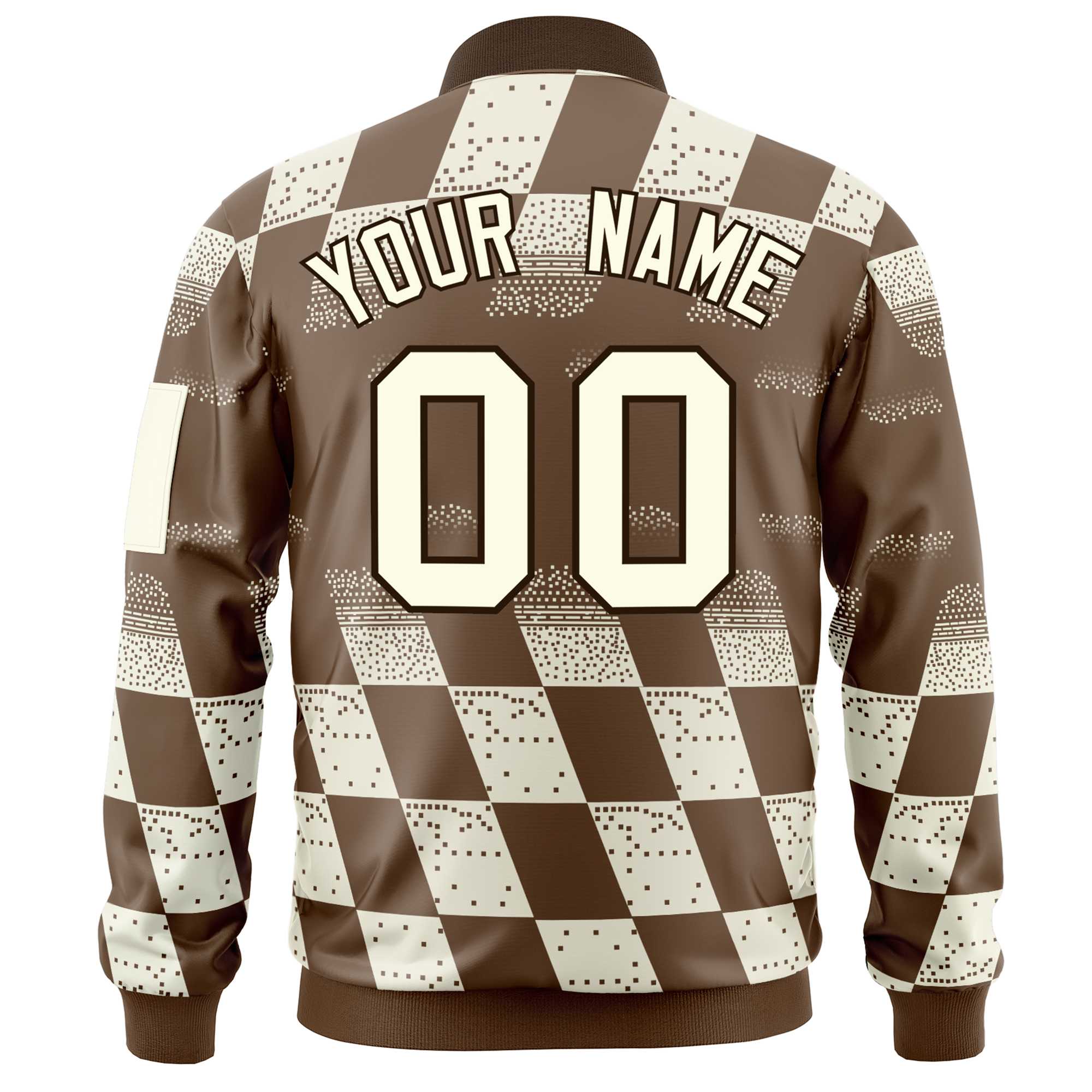 Custom Brown Khaki Grid Varsity Full-Zip Color Block Letterman Bomber Jacket