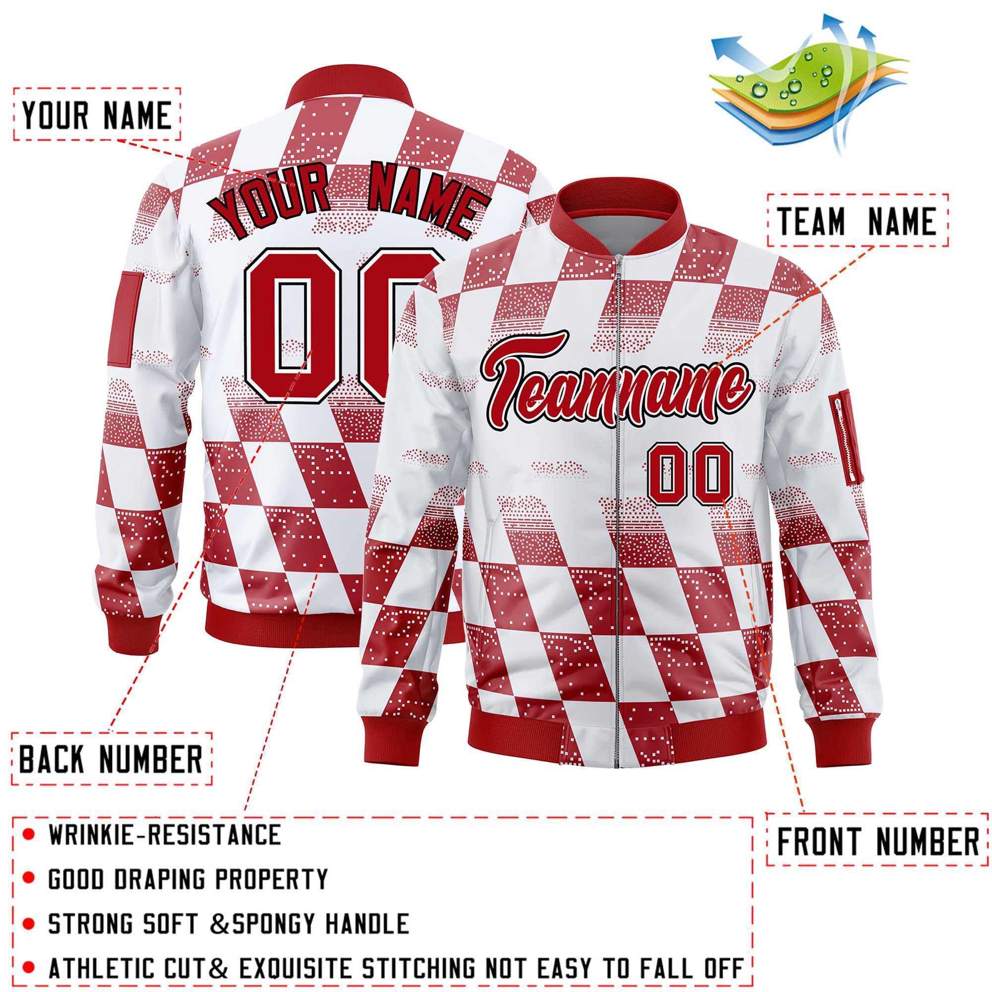 Custom White Red Grid Varsity Full-Zip Color Block Letterman Bomber Jacket