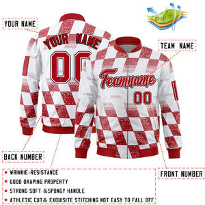 Custom White Red Grid Varsity Full-Zip Color Block Letterman Bomber Jacket