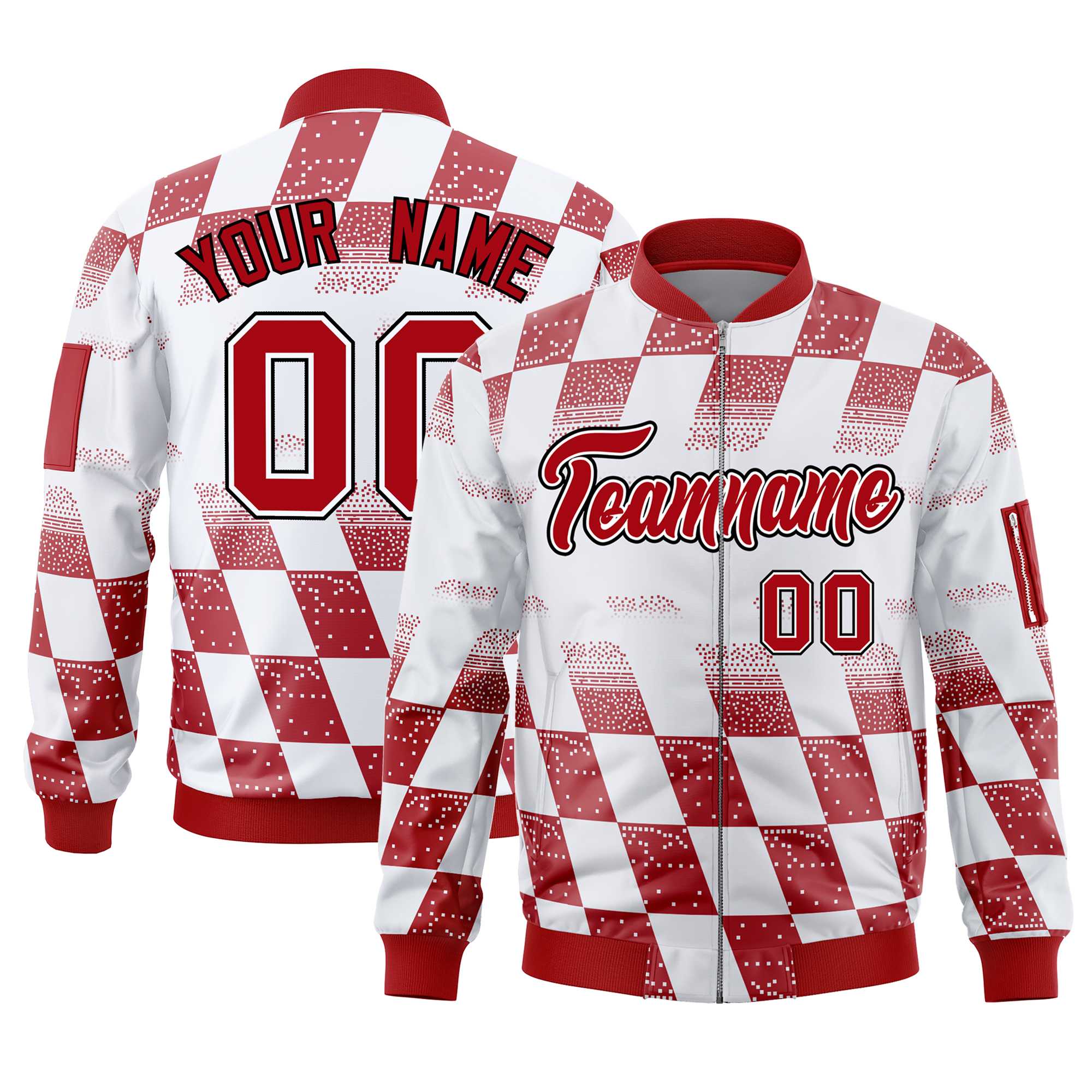 Custom White Red Grid Varsity Full-Zip Color Block Letterman Bomber Jacket