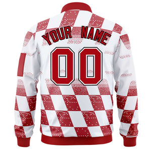 Custom White Red Grid Varsity Full-Zip Color Block Letterman Bomber Jacket