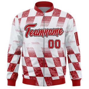 Custom White Red Grid Varsity Full-Zip Color Block Letterman Bomber Jacket