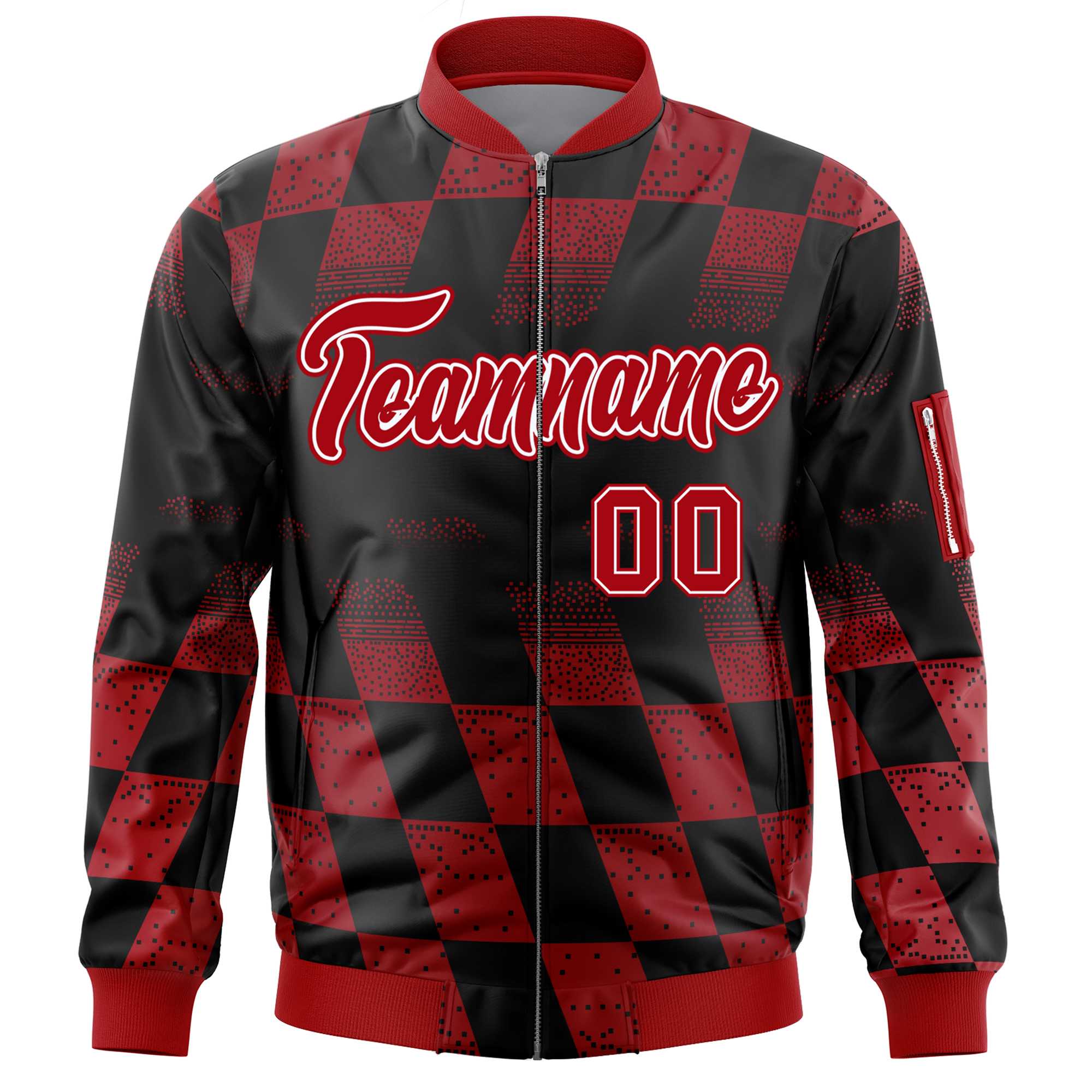 Custom Black Red Grid Varsity Full-Zip Color Block Letterman Bomber Jacket