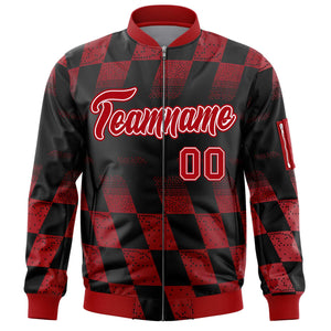 Custom Black Red Grid Varsity Full-Zip Color Block Letterman Bomber Jacket