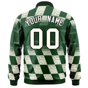 Custom Green Khaki Grid Varsity Full-Zip Color Block Letterman Bomber Jacket