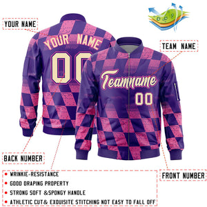 Custom Purple Pink Grid Varsity Full-Zip Color Block Letterman Bomber Jacket