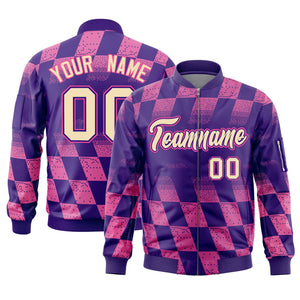 Custom Purple Pink Grid Varsity Full-Zip Color Block Letterman Bomber Jacket