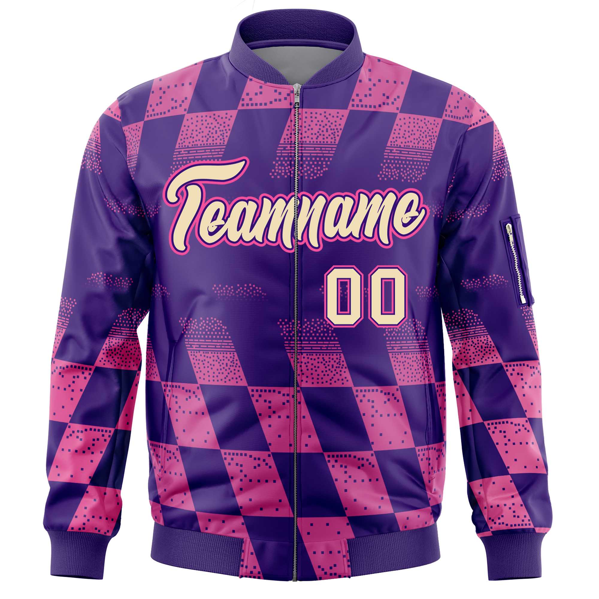 Custom Purple Pink Grid Varsity Full-Zip Color Block Letterman Bomber Jacket