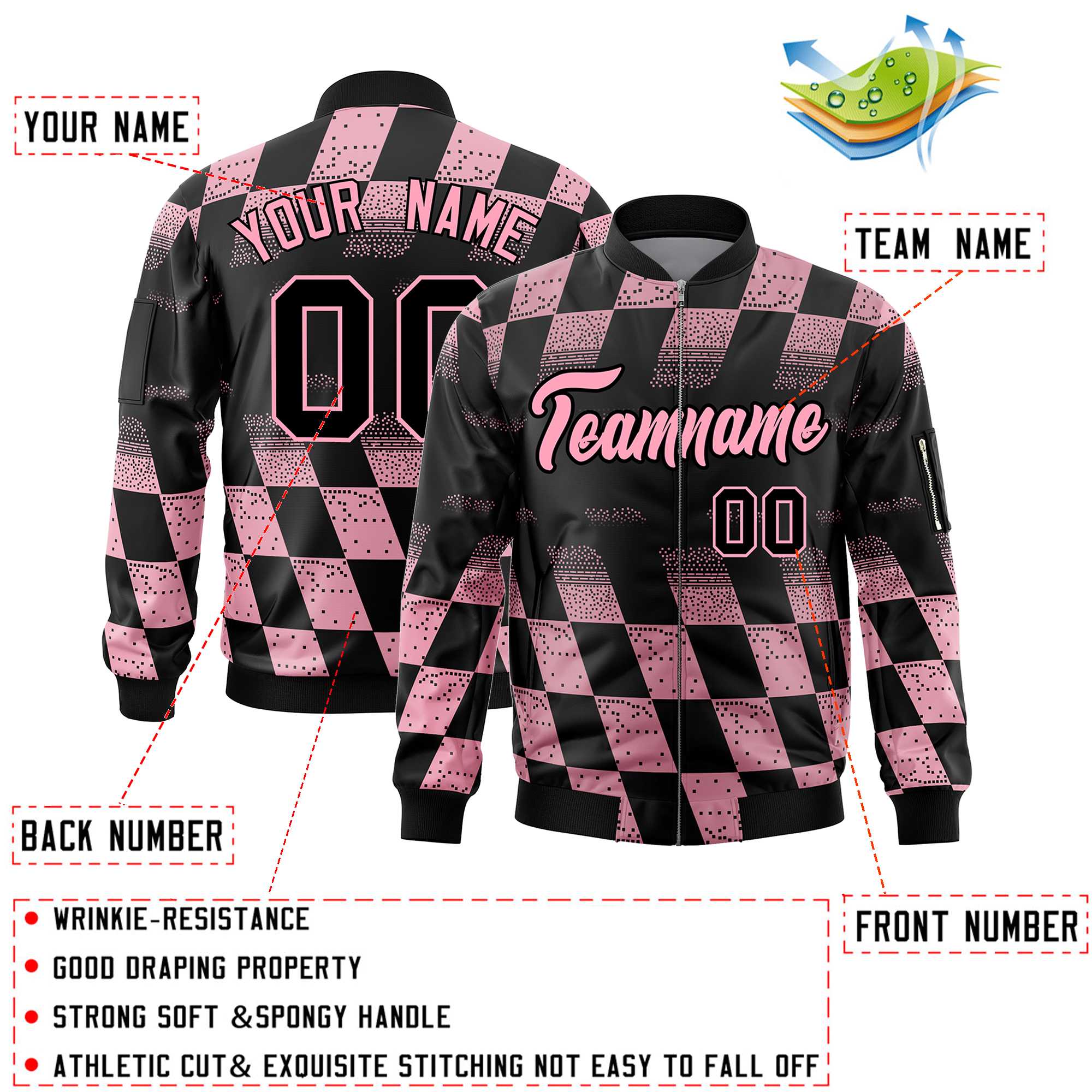 Custom Black Pink Grid Varsity Full-Zip Color Block Letterman Bomber Jacket