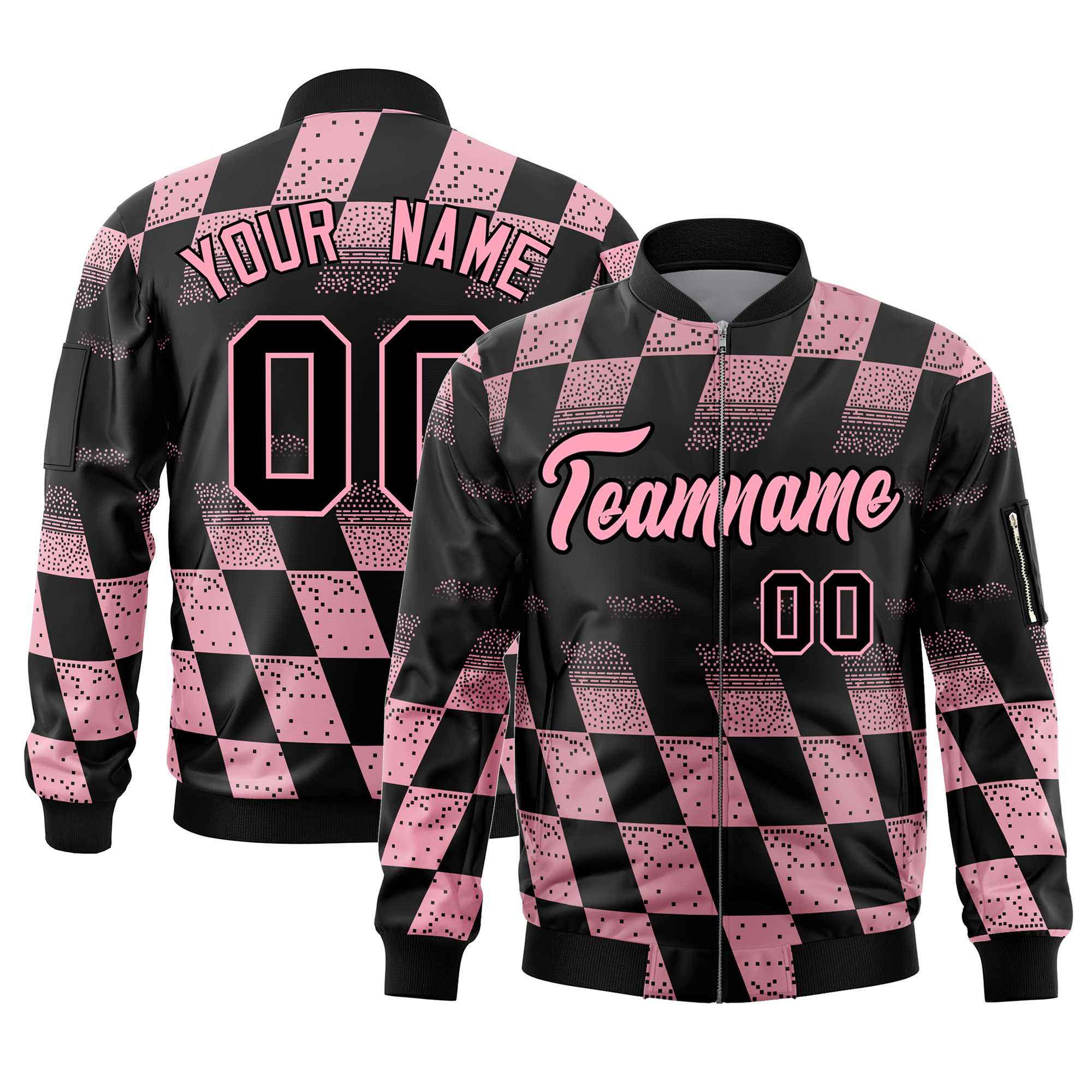 Custom Black Pink Grid Varsity Full-Zip Color Block Letterman Bomber Jacket