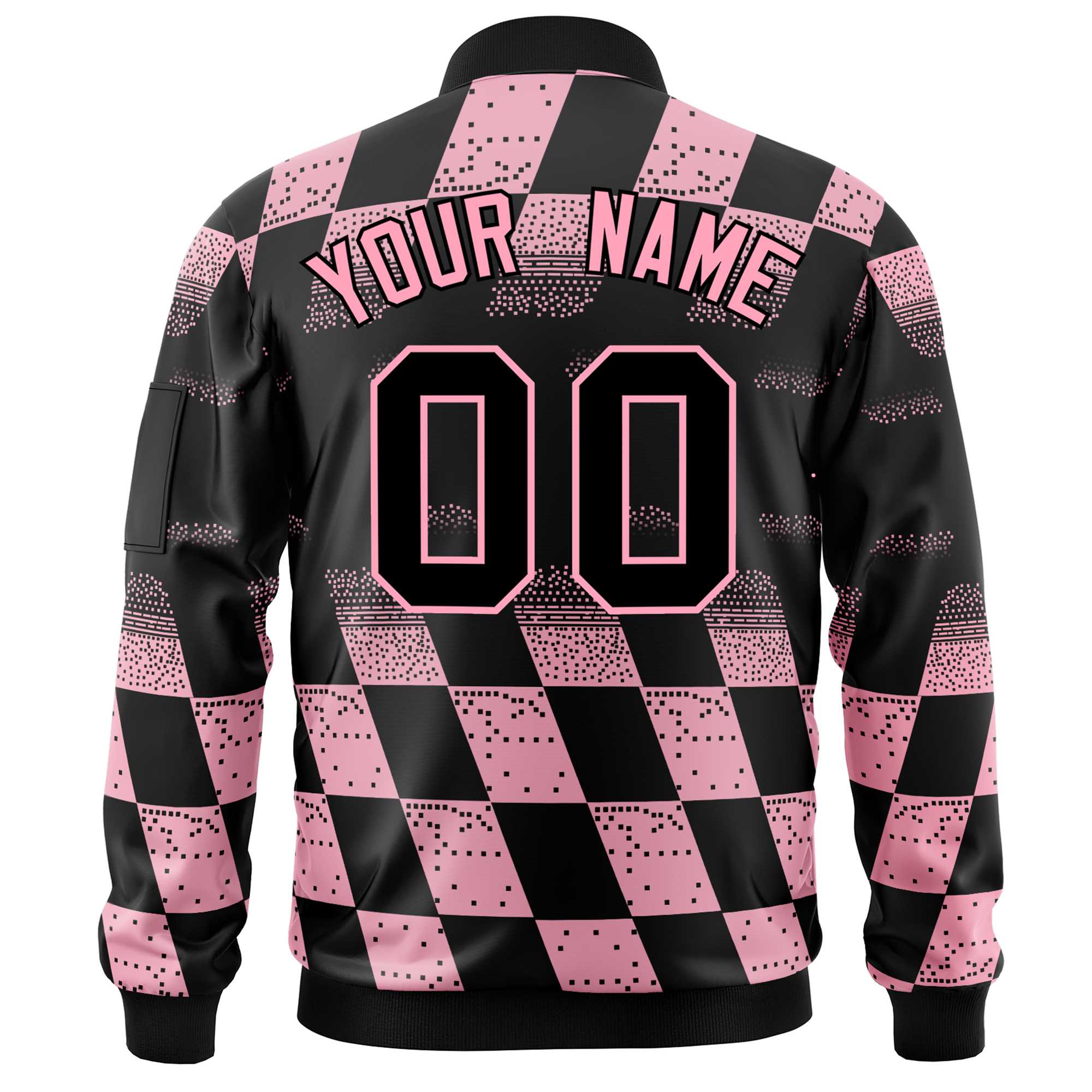 Custom Black Pink Grid Varsity Full-Zip Color Block Letterman Bomber Jacket