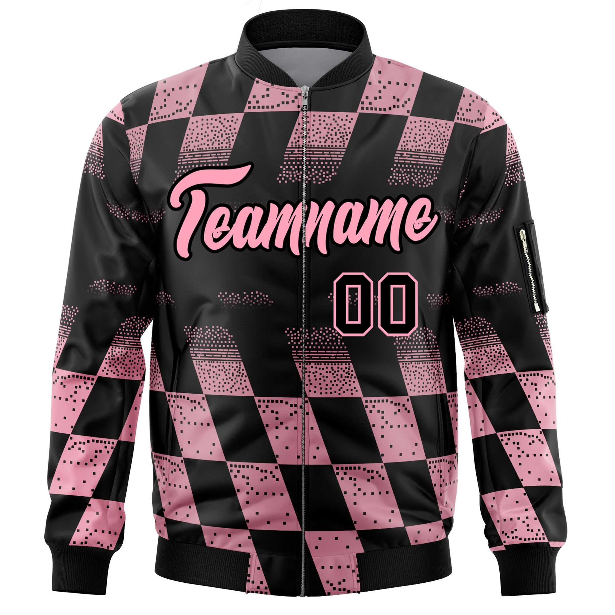 Custom Black Pink Grid Varsity Full-Zip Color Block Letterman Bomber Jacket