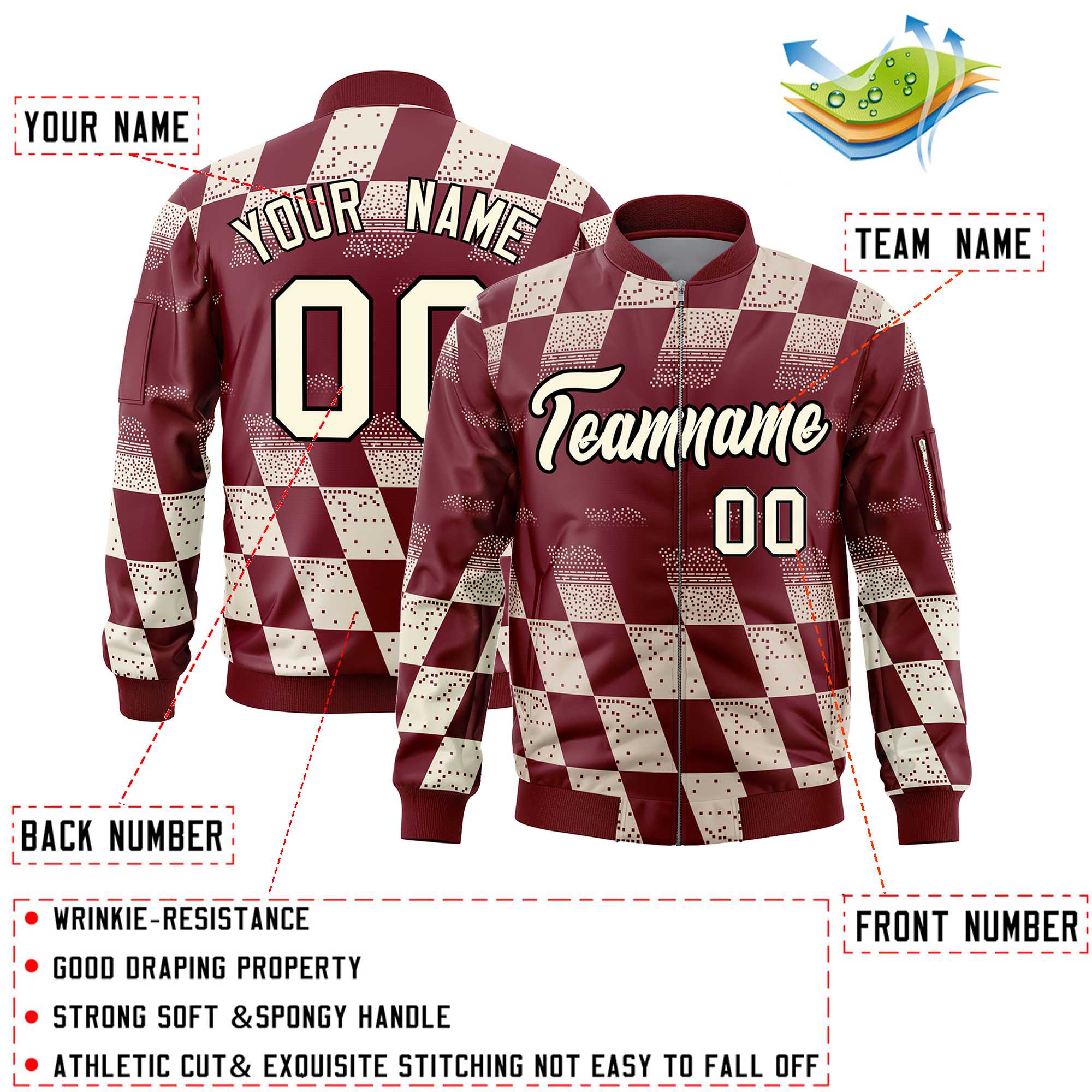 Custom Crimson Khaki Grid Varsity Full-Zip Color Block Letterman Bomber Jacket