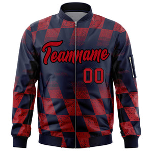 Custom Navy Red Grid Varsity Full-Zip Color Block Letterman Bomber Jacket