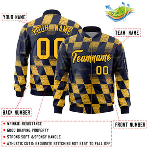 Custom Navy Gold Grid Varsity Full-Zip Color Block Letterman Bomber Jacket