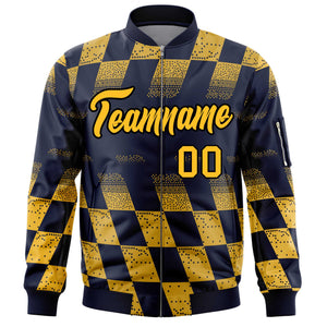 Custom Navy Gold Grid Varsity Full-Zip Color Block Letterman Bomber Jacket