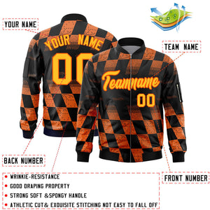 Custom Black Orange Grid Varsity Full-Zip Color Block Letterman Bomber Jacket