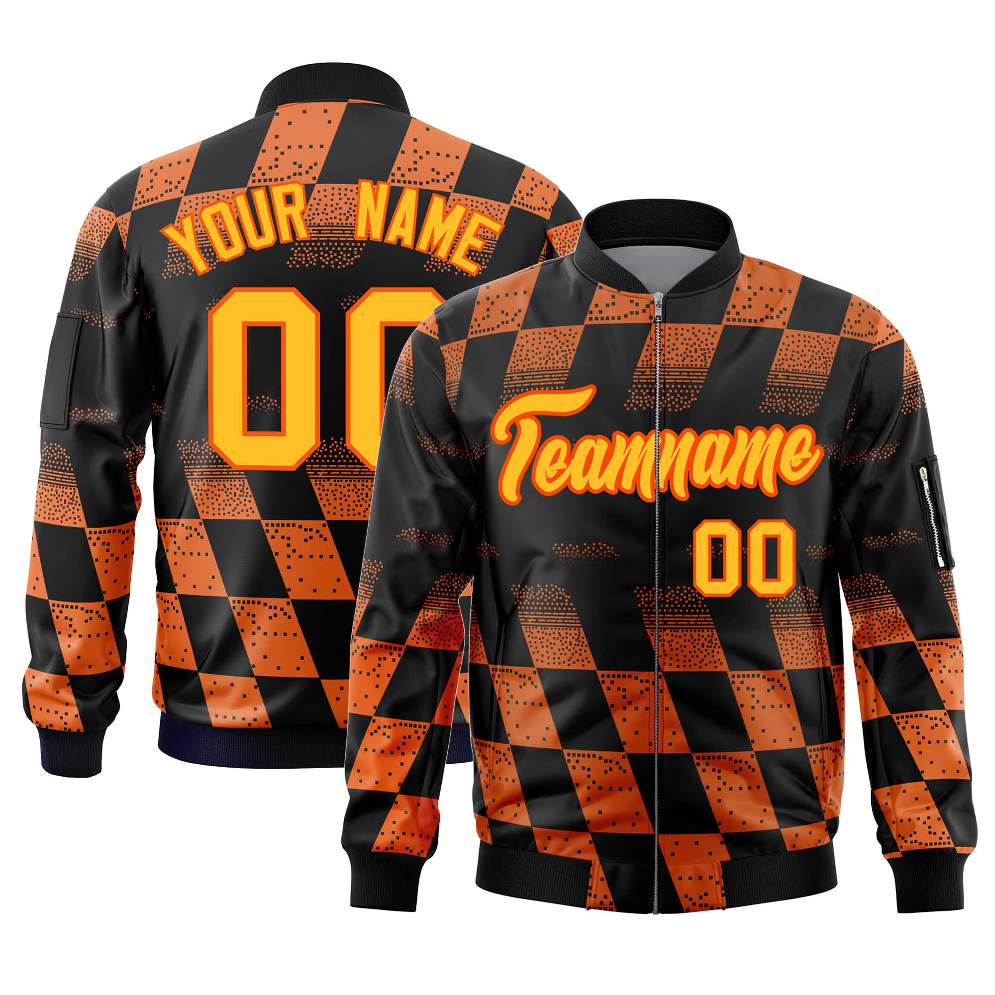 Custom Black Orange Grid Varsity Full-Zip Color Block Letterman Bomber Jacket