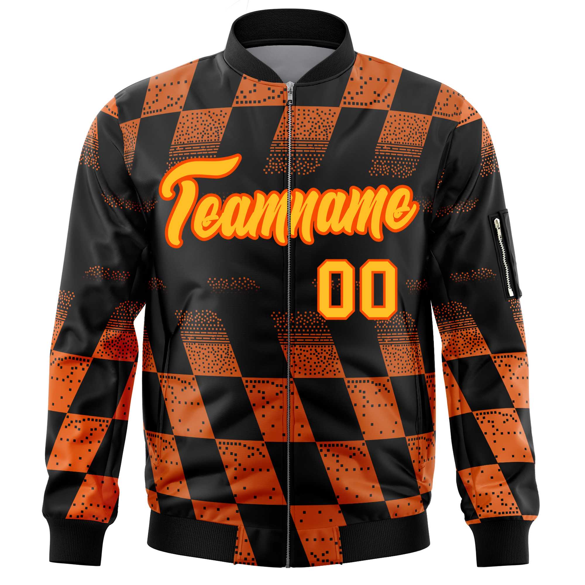 Custom Black Orange Grid Varsity Full-Zip Color Block Letterman Bomber Jacket