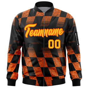 Custom Black Orange Grid Varsity Full-Zip Color Block Letterman Bomber Jacket