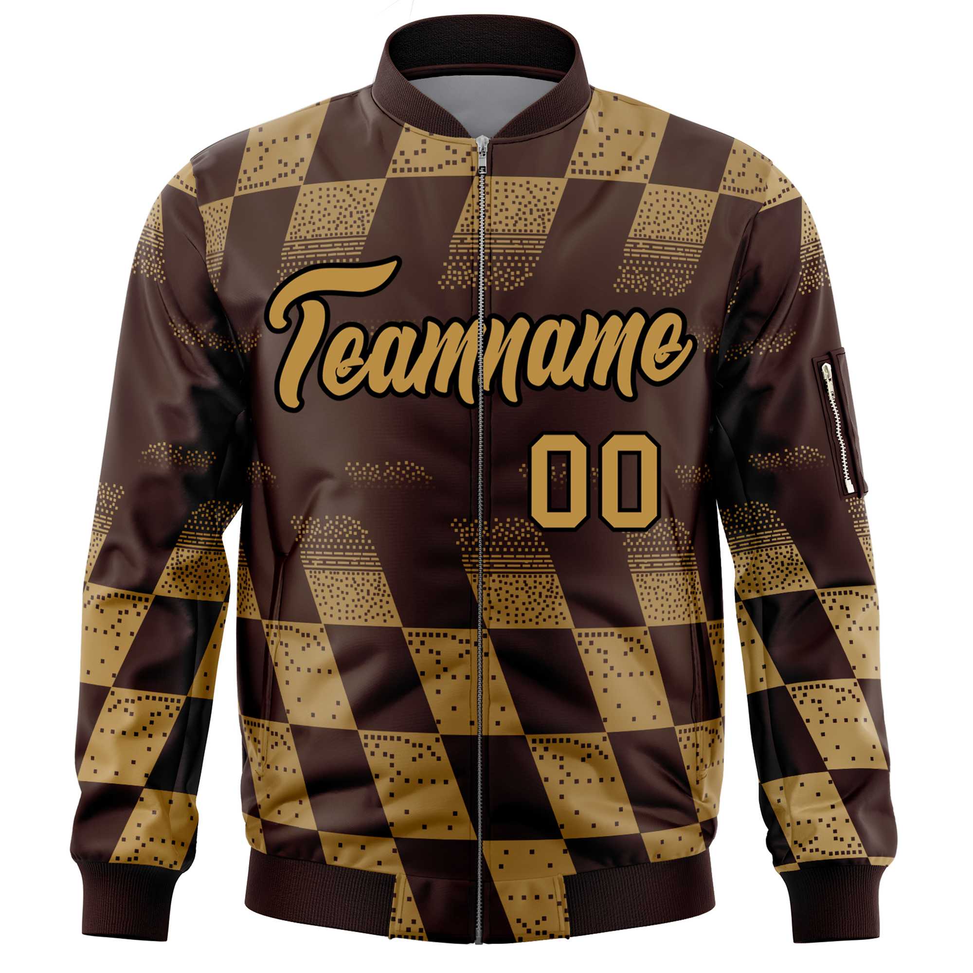 Custom Brown Old Gold Grid Varsity Full-Zip Color Block Letterman Bomber Jacket