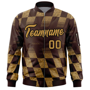 Custom Brown Old Gold Grid Varsity Full-Zip Color Block Letterman Bomber Jacket