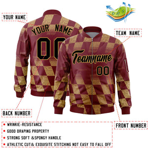 Custom Crimson Old Gold Grid Varsity Full-Zip Color Block Letterman Bomber Jacket