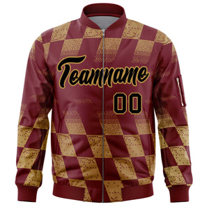 Custom Crimson Old Gold Grid Varsity Full-Zip Color Block Letterman Bomber Jacket