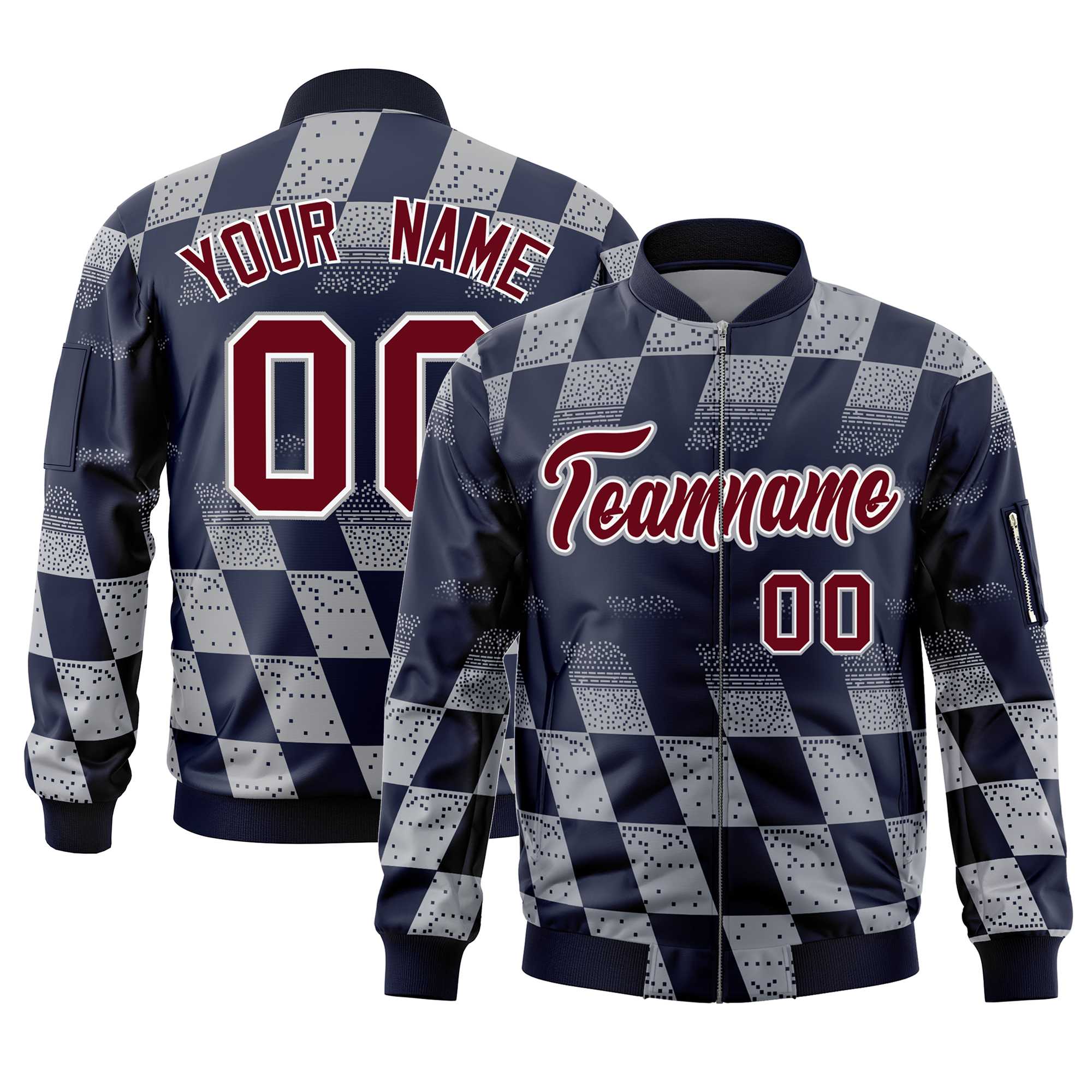 Custom Navy Gray Grid Varsity Full-Zip Color Block Letterman Bomber Jacket