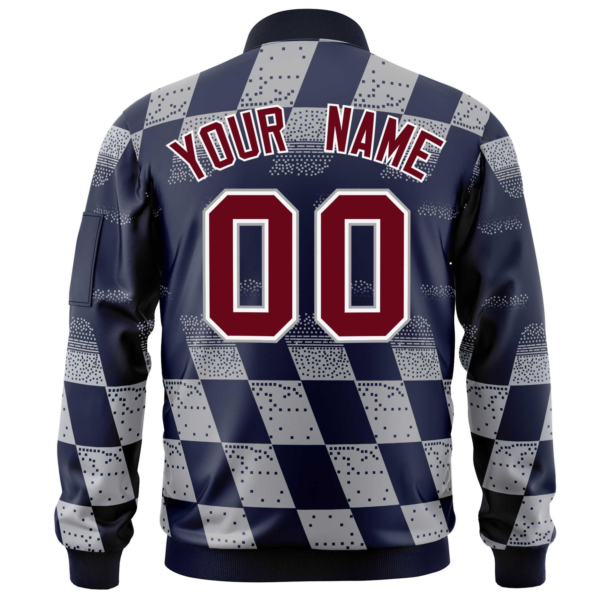 Custom Navy Gray Grid Varsity Full-Zip Color Block Letterman Bomber Jacket