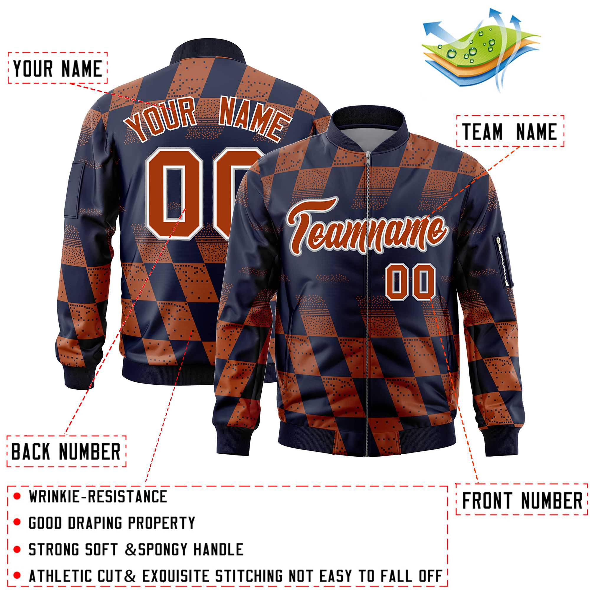 Custom Navy Orange Grid Varsity Full-Zip Color Block Letterman Bomber Jacket