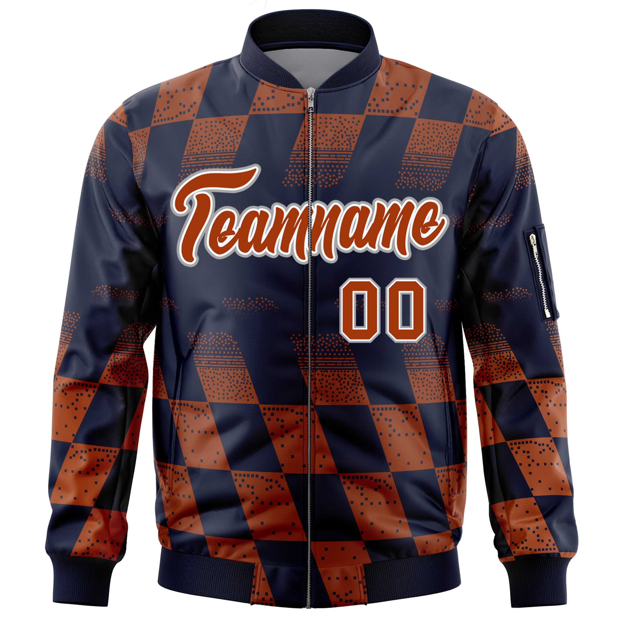 Custom Navy Orange Grid Varsity Full-Zip Color Block Letterman Bomber Jacket