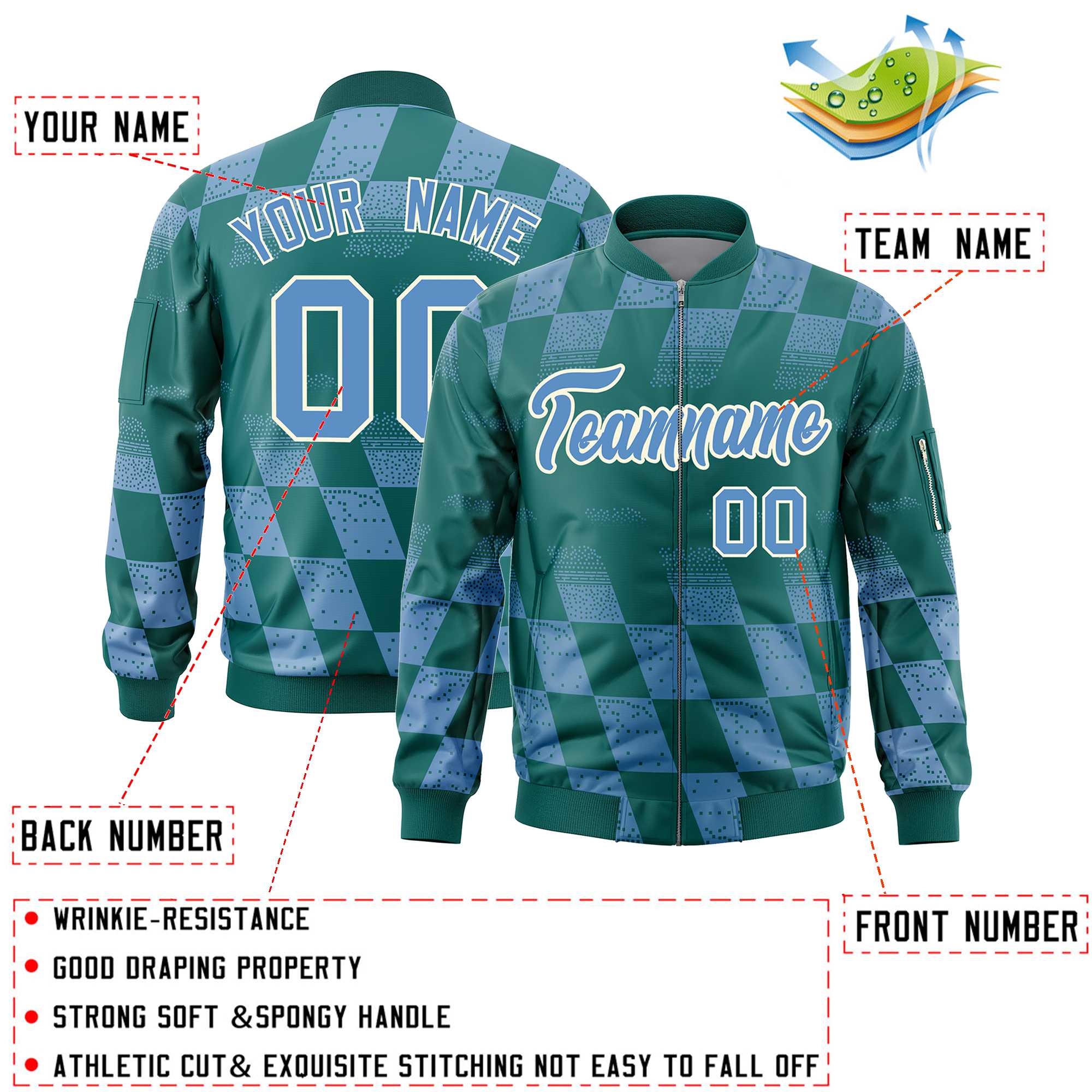 Custom Aqua Lt Blue Grid Varsity Full-Zip Color Block Letterman Bomber Jacket