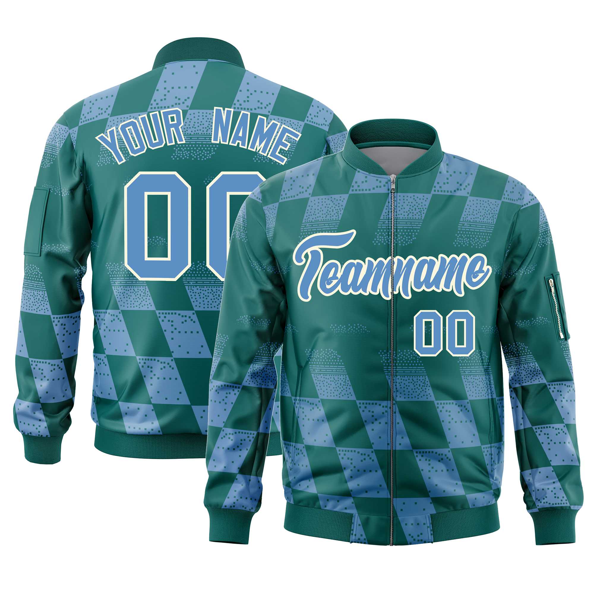 Custom Aqua Lt Blue Grid Varsity Full-Zip Color Block Letterman Bomber Jacket