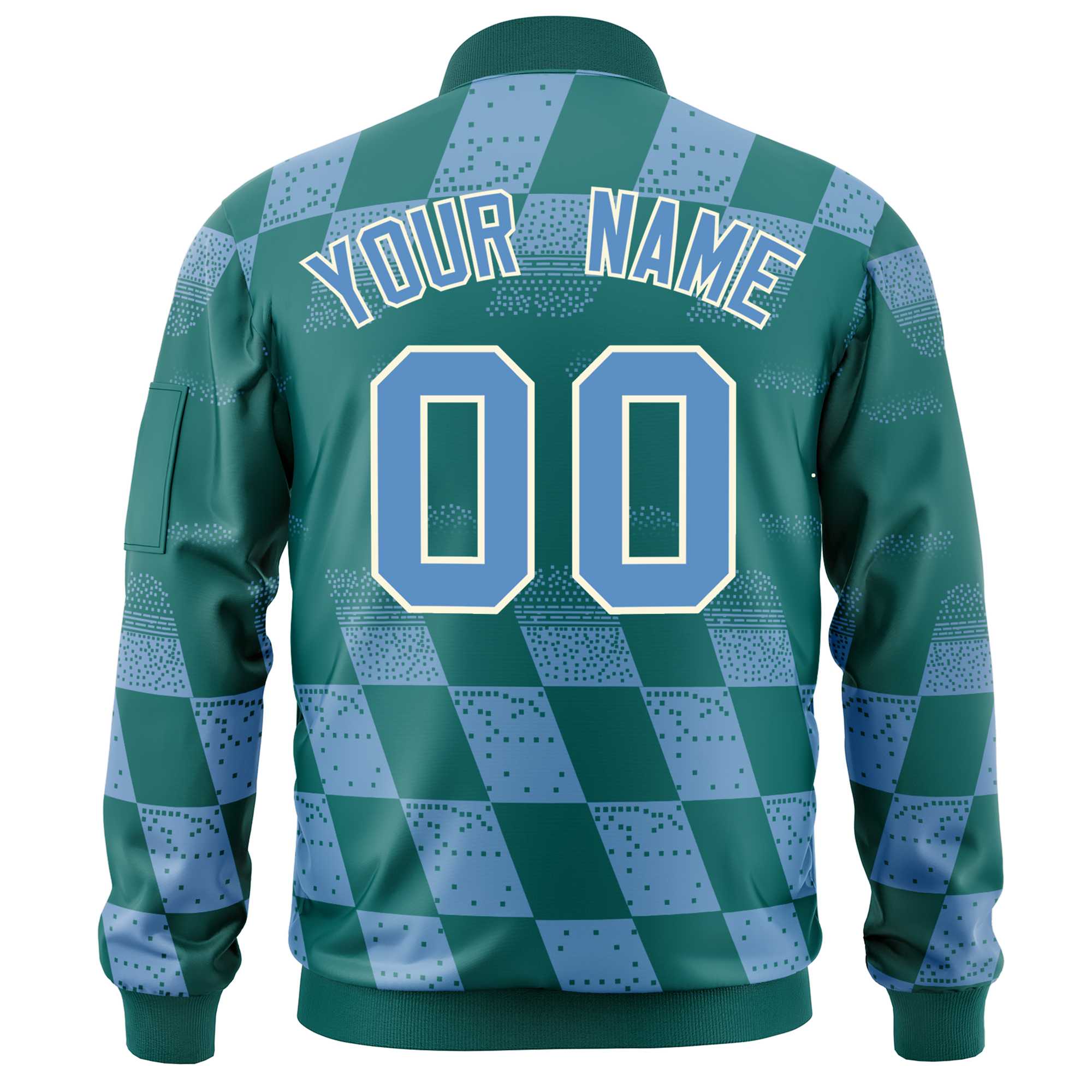 Custom Aqua Lt Blue Grid Varsity Full-Zip Color Block Letterman Bomber Jacket