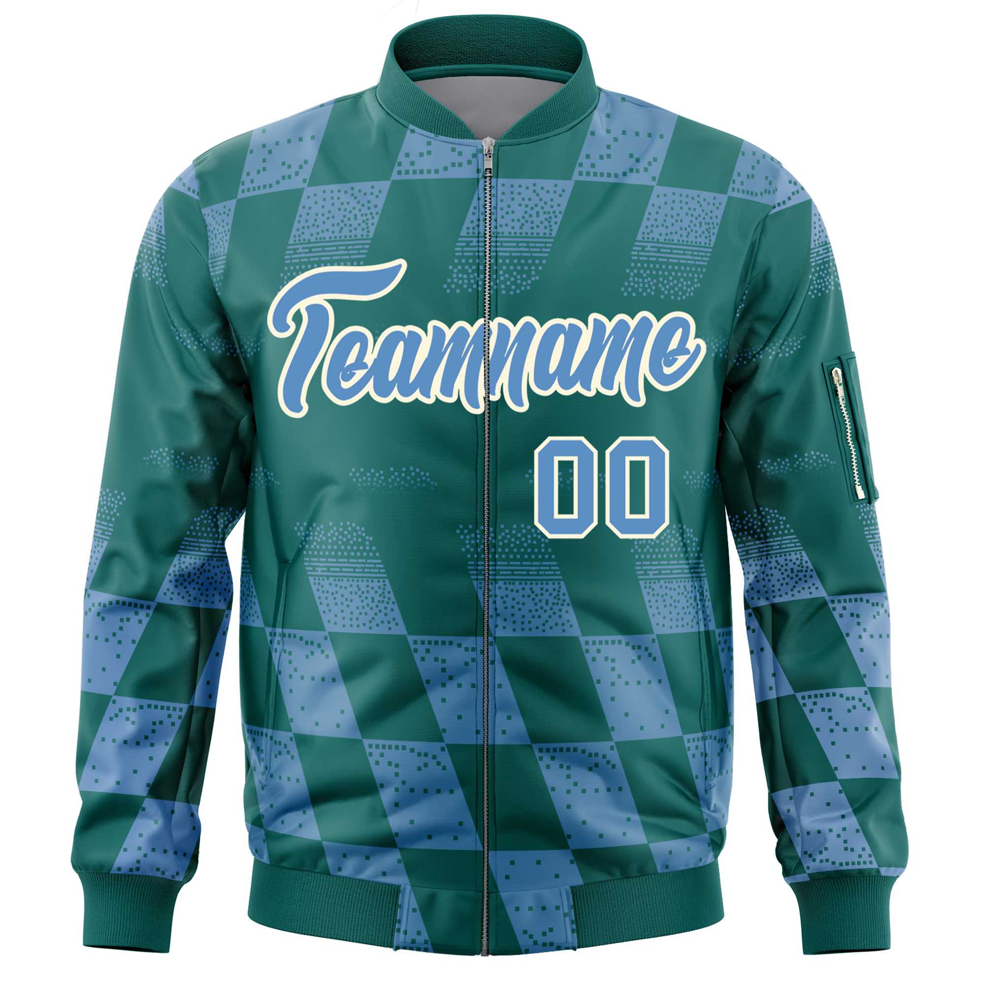 Custom Aqua Lt Blue Grid Varsity Full-Zip Color Block Letterman Bomber Jacket